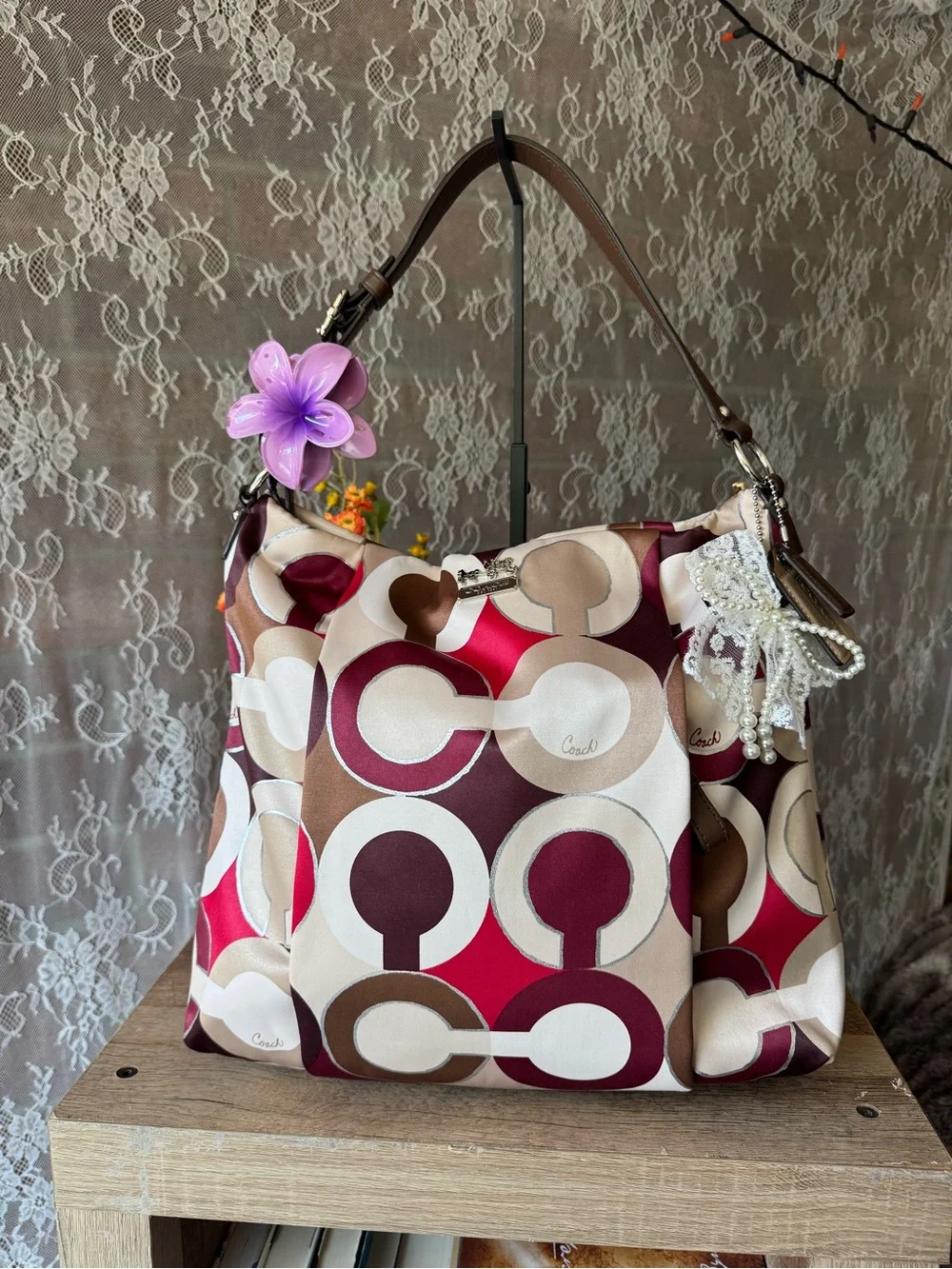 Coach Multicolor Geo Circle Hobo Bag in Pink, Burgundy & Tan